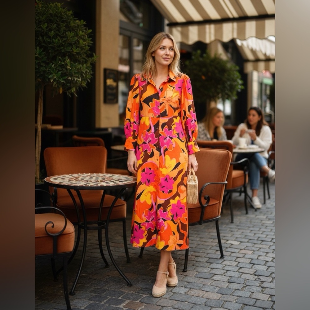 LOVE BY DESIGN Pink & Orange Floral Multicolor Maxi Dress SZ M